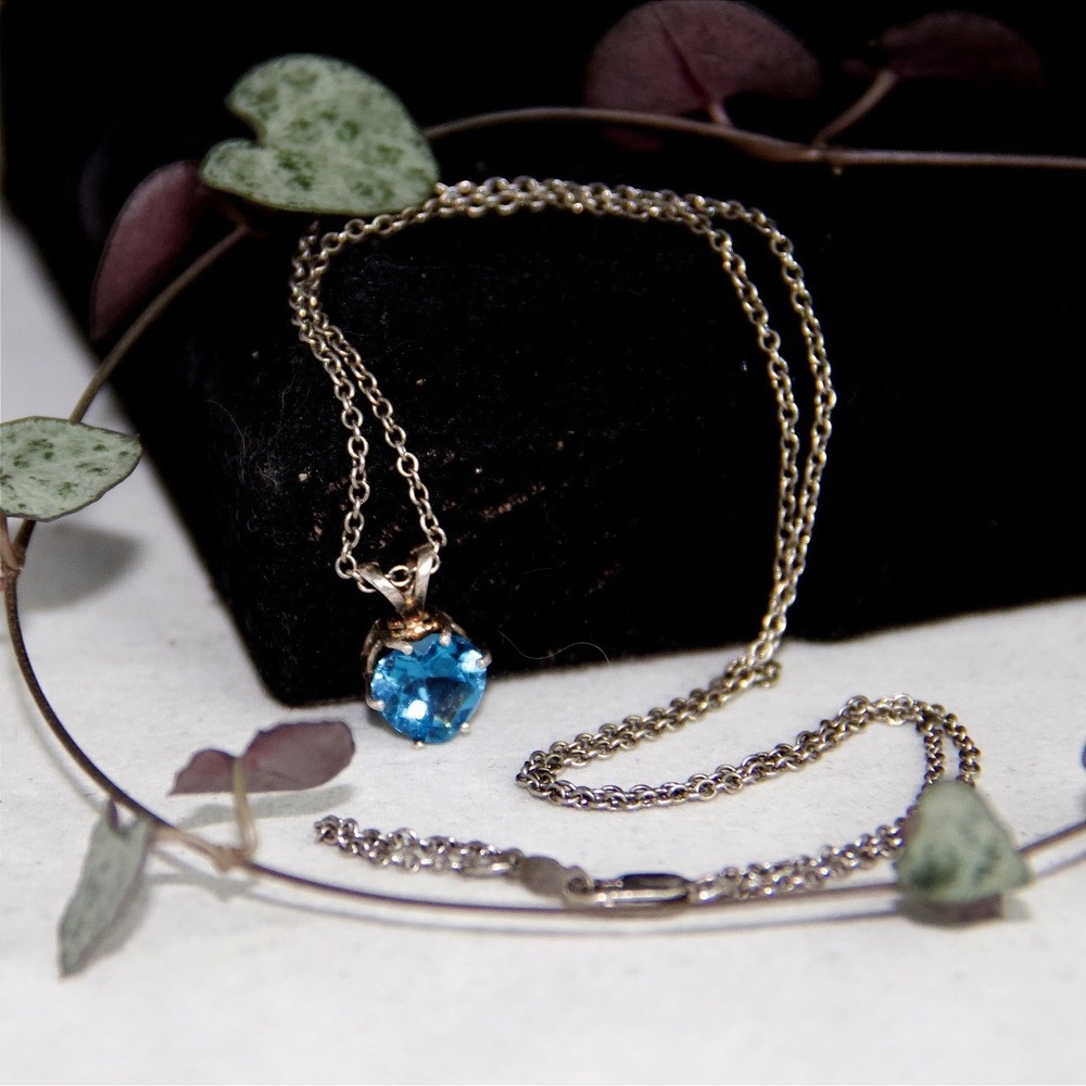 925 Sterling Silver Heart Blue Topaz Pendant Necklace 18 Inch Chain